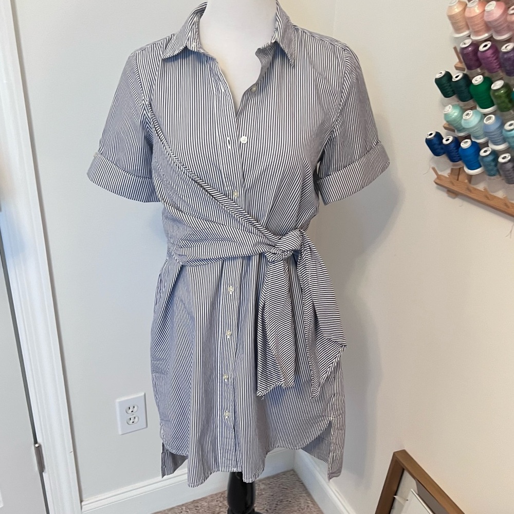 Free Assembly Wrap Front Belted Navy and White Striped Short Sleeve Dress